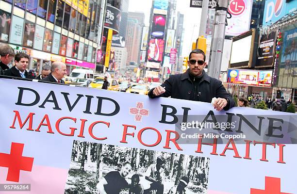 Illusionist David Blaine raises money for Haiti with a 72 hour Magic Marathon at Military Island, Times Square on January 15, 2010 in New York City.