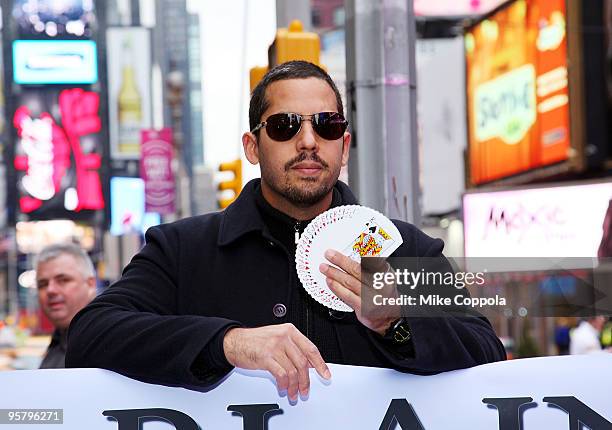 Illusionist David Blaine raises money for Haiti with a 72 hour Magic Marathon at Military Island, Times Square on January 15, 2010 in New York City.