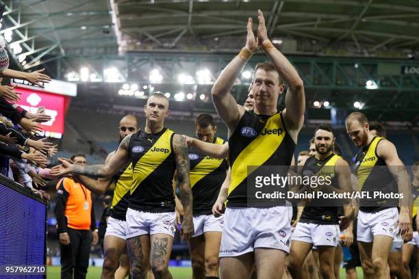 Tigers players leave the field during the 2018 AFL round eight match between the North Melbourne Kangaroos and the Richmond Tigers at Etihad Stadium...