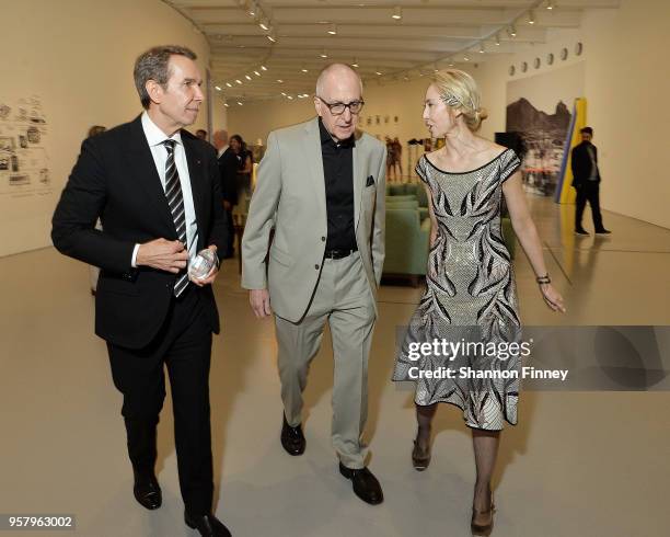 Artist Jeff Koons, Secretary of the Smithsonian Dr. David J. Skorton, and Director of the Hirshhorn Museum Melissa Chiu, explore galleries during the...