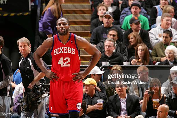 Elton Brand of the Philadelphia 76ers takes a break from the action during the game against the Sacramento Kings on December 30, 2009 at Arco Arena...