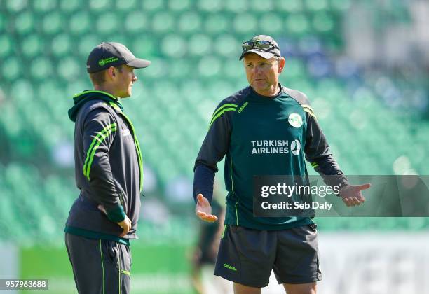 Dublin , Ireland - 13 May 2018; Ireland captain William Porterfield, left, and head coach Graham Ford prior to play on day three of the International...