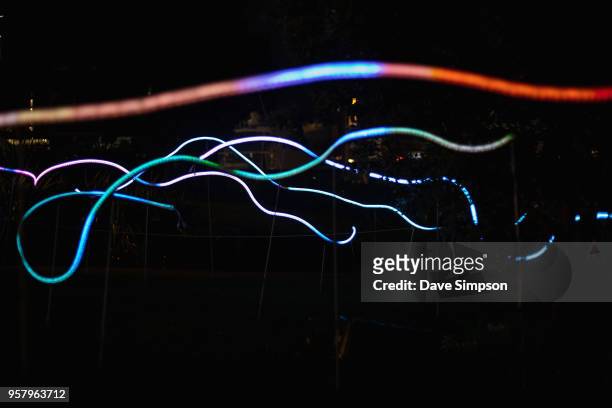 May 13: Light installation Squiggle illuminates Auckland Viaduct as part of Bright Nights on May 13, 2018 in Auckland, New Zealand. Bright Nights is...