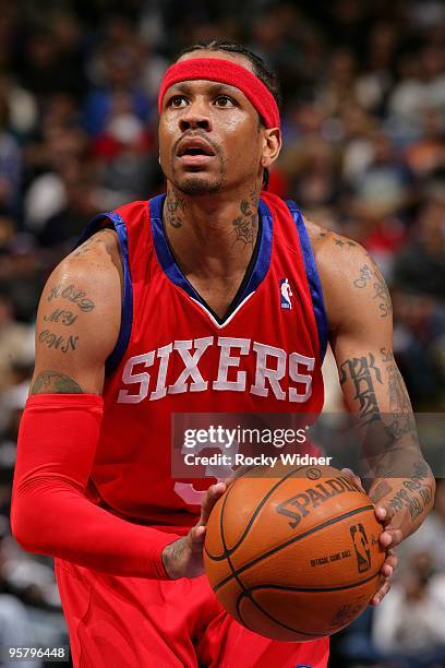 Allen Iverson of the Philadelphia 76ers shoots a free throw during the game against the Sacramento Kings on December 30, 2009 at Arco Arena in...