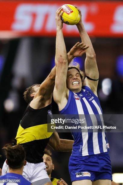 Ben Brown of the Kangaroos marks the ball during the 2018 AFL round eight match between the North Melbourne Kangaroos and the Richmond Tigers at...