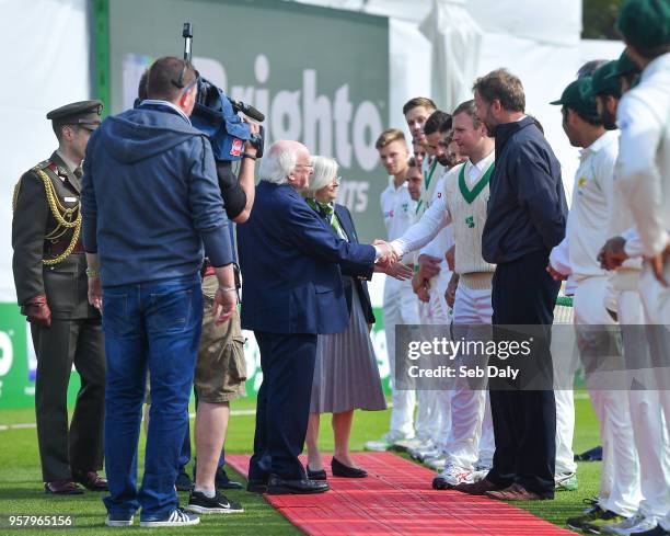 Dublin , Ireland - 13 May 2018; President of Ireland Michael D Higgins shakes hands with Ireland captain William Porterfield as he meets the players...