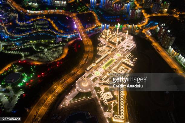 An aerial view of newly built mosque complex that was built over 125,000 square meters is seen in Ankara, Turkey on May 12, 2018. The compound that...