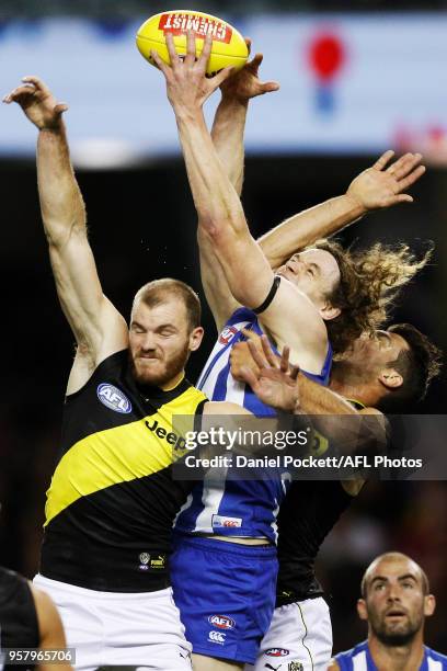 Ben Brown of the Kangaroos marks the ball during the 2018 AFL round eight match between the North Melbourne Kangaroos and the Richmond Tigers at...