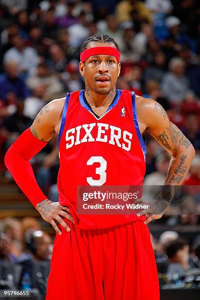 Allen Iverson of the Philadelphia 76ers takes a break from the action during the game against the Sacramento Kings on December 30, 2009 at Arco Arena...