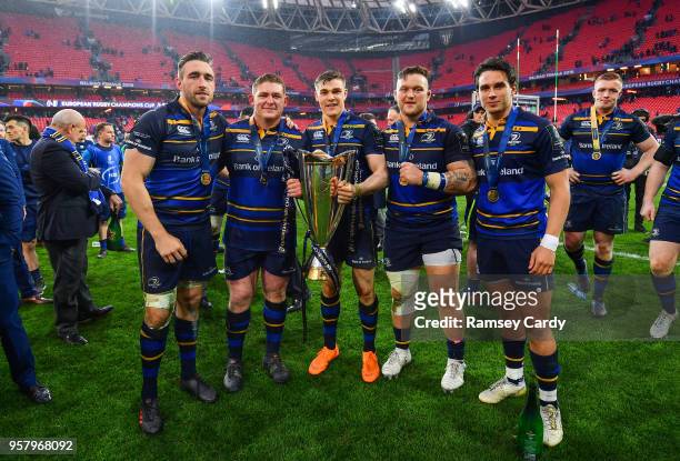 Bilbao , Spain - 12 May 2018; Leinster's Jack Conan, Tadhg Furlong, Garry Ringrose, Andrew Porter and Joey Carbery following their victory in the...