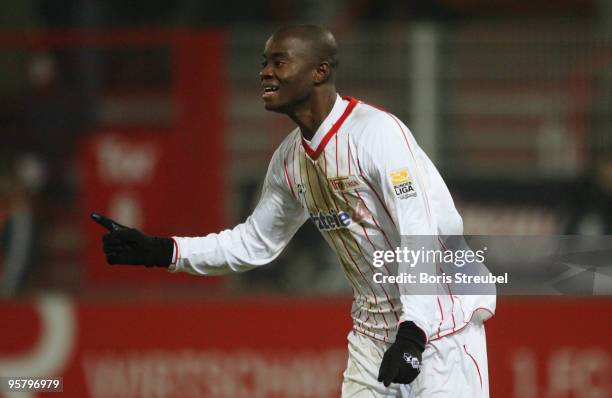 John Jairo Mosquera of Berlin celebrates the first goal during the Second Bundesliga match between 1. FC Union Berlin and Rot-Weiss Oberhausen at the...