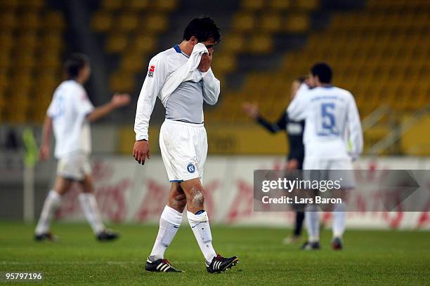 Andreas Schaefer of Karlsruhe looks dejected after loosing the Second Bundesliga match between Alemannia Aachen and Karlsruher SC at the Tivoli...