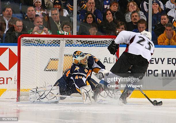 Patrick Lalime of the Buffalo Sabres makes a shootout save on Chris Stewart of the Colorado Avalanche on January 9, 2010 at HSBC Arena in Buffalo,...