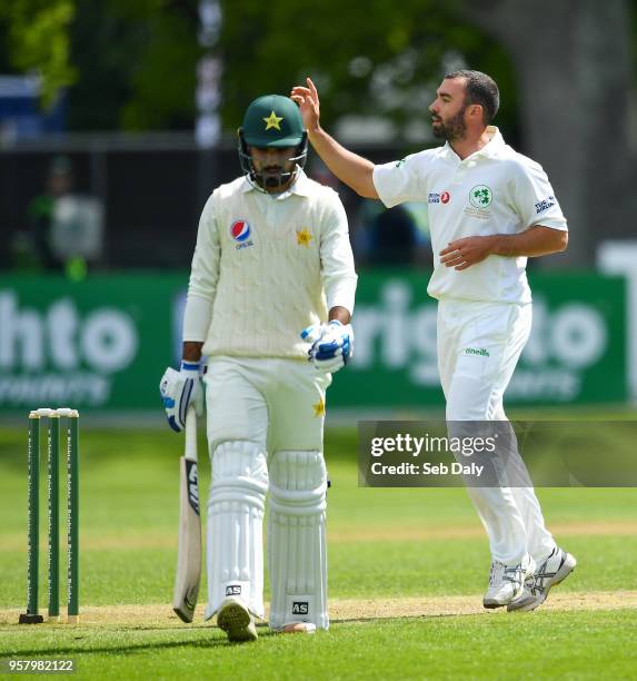 Dublin , Ireland - 13 May 2018; Stuart Thompson of Ireland celebrates after taking the wicket of Faheem Ashraf of Pakistan, who was caught by...