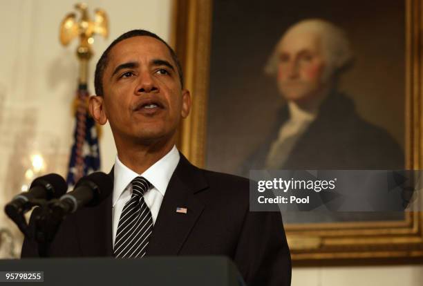 President Barack Obama makes a statement in the Diplomatic Reception Room of the White House on January 15, 2010 in Washington, DC. Obama spoke on...