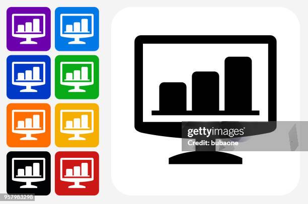 monitor graphs icon square button set - multiple computer screens white background stock illustrations