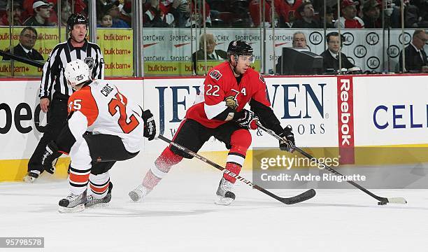 Chris Kelly of the Ottawa Senators skates against the Philadelphia Flyers at Scotiabank Place on January 3, 2010 in Ottawa, Ontario, Canada.