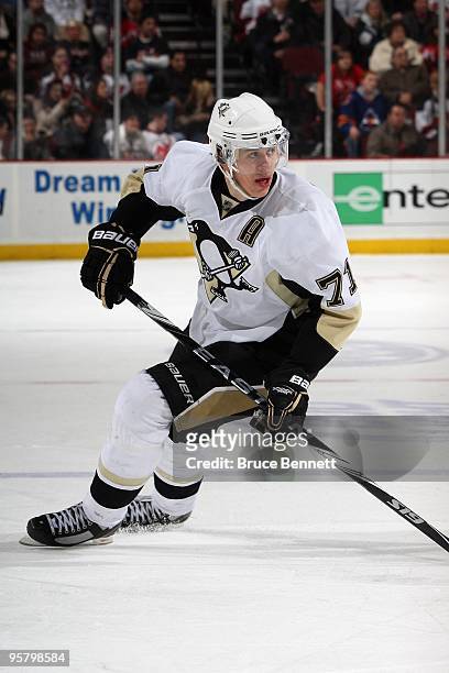 Evgeni Malkin of the Pittsburgh Penguins skates during the game against the New Jersey Devils at the Prudential Center on December 30, 2009 in...