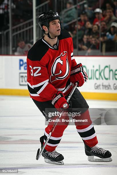 Matthew Corrente of the New Jersey Devils skates during the game against the Pittsburgh Penguins at the Prudential Center on December 30, 2009 in...
