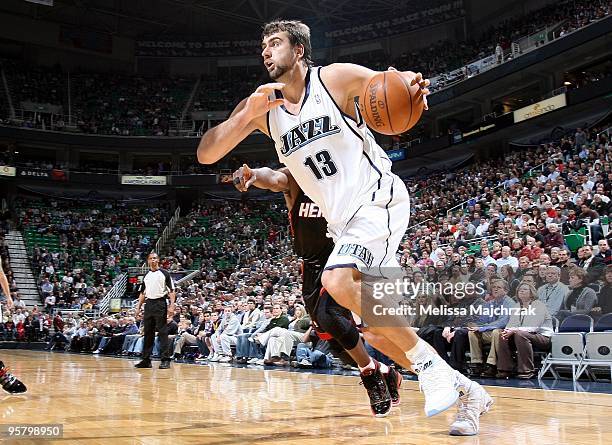 Mehmet Okur of the Utah Jazz drives to the basket during the game against the Miami Heat at the EnergySolutions Arena on January 11, 2010 in Salt...