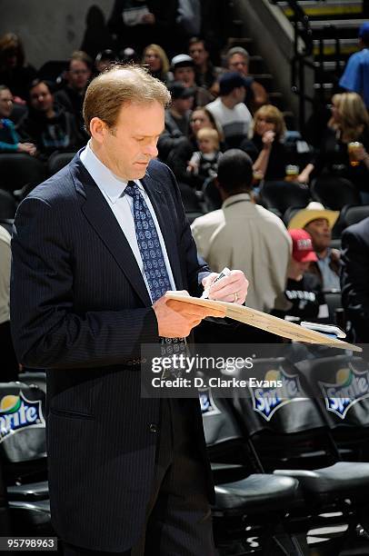 Head Coach Kurt Rambis of the Minnesota Timberwolves draws up a play during the game against the San Antonio Spurs on December 29, 2009 at the AT&T...