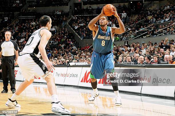 Ryan Gomes of the Minnesota Timberwolves drives the ball against Manu Ginobili of the San Antonio Spurs during the game on December 29, 2009 at the...