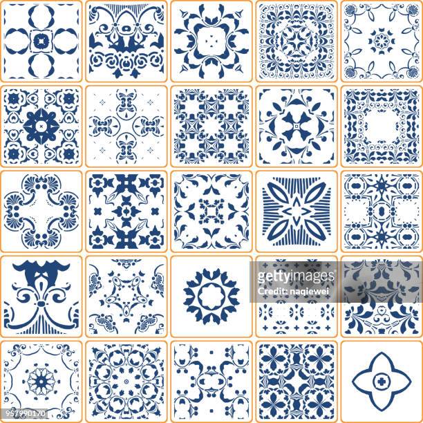 vector blue tile collection - arabic style stock illustrations