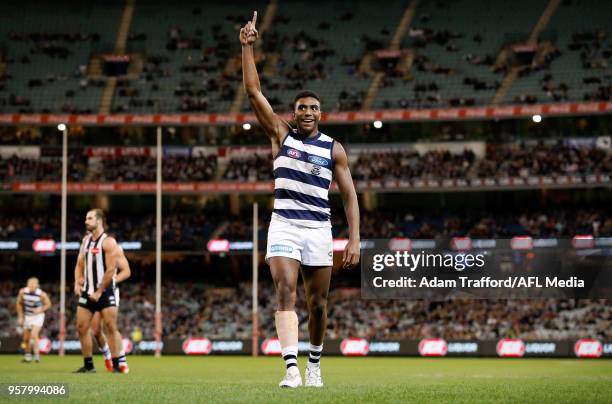 Esava Ratugolea of the Cats celebrates a goal during the 2018 AFL round eight match between the Collingwood Magpies and the Geelong Cats at the...