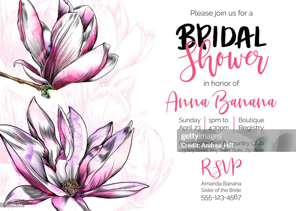 Vector Bridal Shower Invitation Template With Magnolia Flowers, Watercolor and Pen and Ink Elements