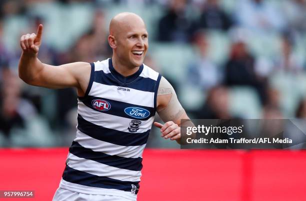 Gary Ablett of the Cats celebrates a goal during the 2018 AFL round eight match between the Collingwood Magpies and the Geelong Cats at the Melbourne...