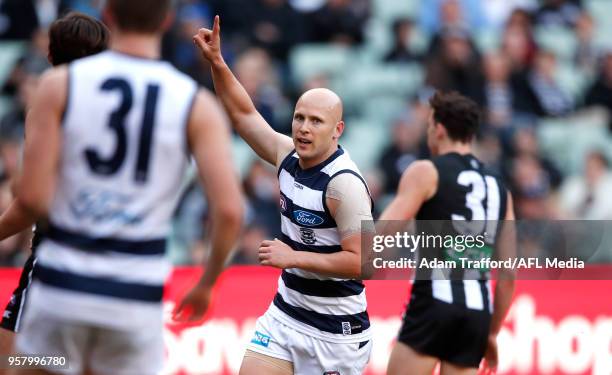 Gary Ablett of the Cats celebrates a goal during the 2018 AFL round eight match between the Collingwood Magpies and the Geelong Cats at the Melbourne...