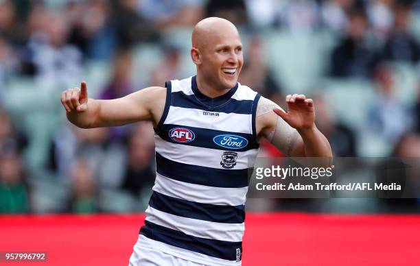 Gary Ablett of the Cats celebrates a goal during the 2018 AFL round eight match between the Collingwood Magpies and the Geelong Cats at the Melbourne...