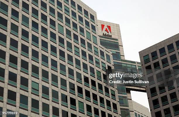 View of the Adobe Systems headquarters January 15, 2010 in San Jose, California. Adobe Systems has added 20 new wind turbines to their rooftops in an...