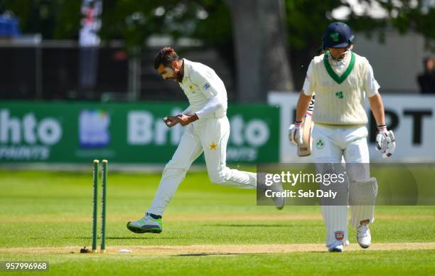 Dublin , Ireland - 13 May 2018; Mohammad Amir of Pakistan celebrates after bowling out William Porterfield of Ireland, right, during day three of the...