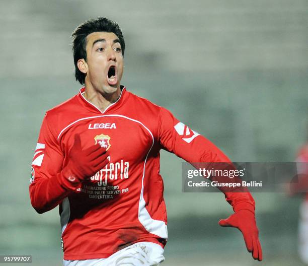 Matias Miramontes of AC Ancona celebrates the goal during the Serie B match between AC Ancona and US Lecce at Del Conero Stadium on January 15, 2010...