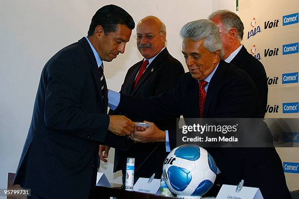 President of FEMEXFUT, Justino Compean , and referee Armando Archundia during the delivery of badges for Mexican international referees at Football...