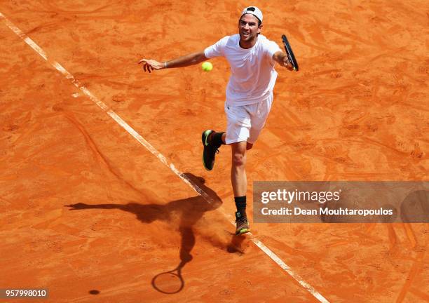 Adrian Mannarino of France returns a forehand in his match against Lorenzo Sonego of Italy during day one of the Internazionali BNL d'Italia 2018...