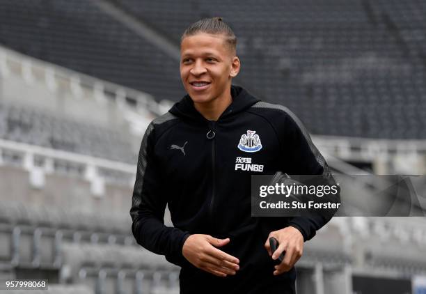 Dwight Gayle of Newcastle United arrives at the stadium prior to the Premier League match between Newcastle United and Chelsea at St. James Park on...