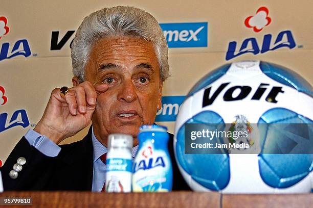 President of FEMEXFUT, Justino Compean, speaks at Football Federation's High Performance Center during the delivery of badges for Mexican...