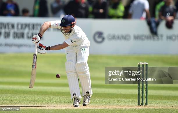 Ireland opening batsman Ed Joyce is bowled LBW by Mohammad Abbas of Pakistan during the third day of the test cricket match between Ireland and...