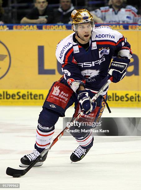 Richie Regehr of Berlin in action during the DEL Bundesliga match between EHC Eisbaeren Berlin and Adler Mannheim at O2 World stadium on January 15,...