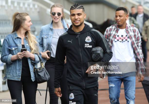 DeAndre Yedlin of Newcastle arrives before the Premier League match between Newcastle United and Chelsea at St. James Park on May 13, 2018 in...