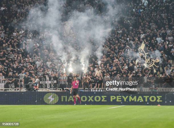 Clashes between fans and riot police during the Greek Cup Final between AEK Athens F.C. And PAOK FC at Athens Olympic Sports in Athens, Greece on May...