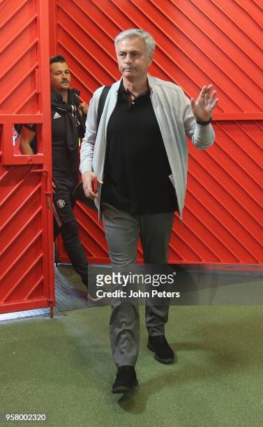 Manager Jose Mourinho of Manchester United arrives ahead of the Premier League match between Manchester United and Watford at Old Trafford on May 13,...