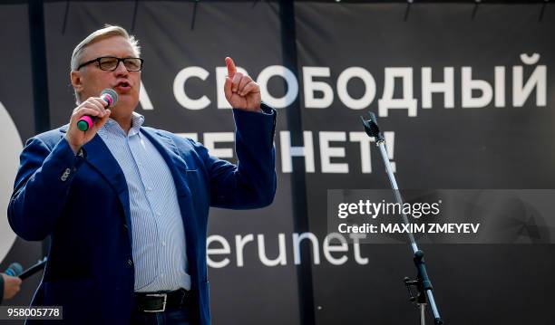 Former Russian Prime Minister Mikhail Kasyanov speaks during a rally in central Moscow on May 13 to demand internet freedom in Russia.