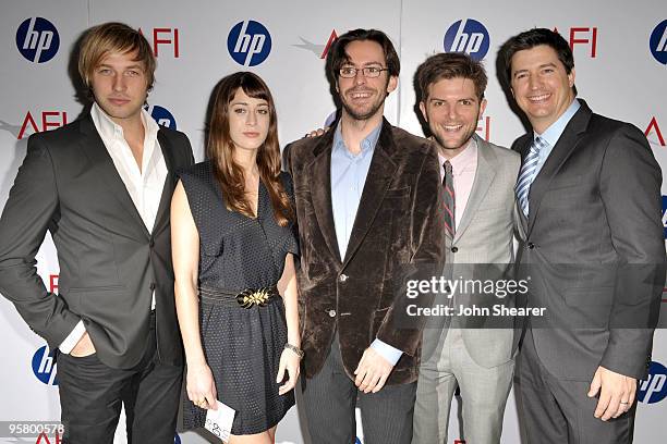 Actors Ryan Hansen, Lizzy Caplan, Martin Starr, Adam Scott and Ken Marino arrive at the Tenth Annual AFI Awards 2009 held at Four Seasons Beverly...