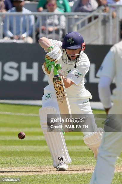 Ireland's Niall O'Brien plays a shot during play on day three of Ireland's inaugural test match against Pakistan at Malahide cricket club, in Dublin...