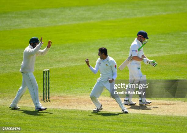 Dublin , Ireland - 13 May 2018; Mohammad Abbas of Pakistan, centre, celebrates after trapping Niall O'Brien of Ireland, right, lbw during day three...