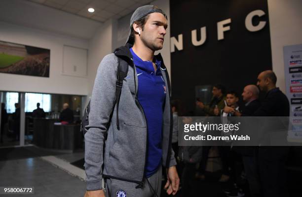 Marcos Alonso of Chelsea arrives at he stadium prior to the Premier League match between Newcastle United and Chelsea at St. James Park on May 13,...