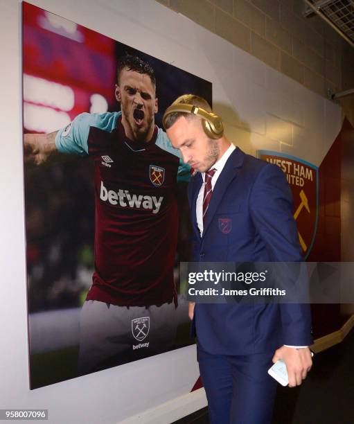 Marko Arnautovic of West Ham United arrives prior to Premier League match between West Ham United and Everton at London Stadium on May 13, 2018 in...